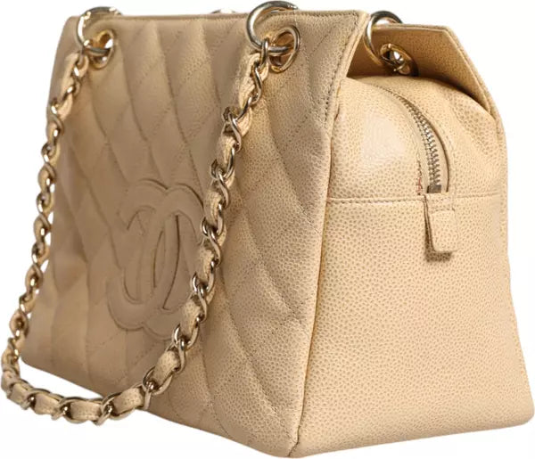 BEIGE CAVIAR DE COCO CHAIN LEATHER PURSE BAG