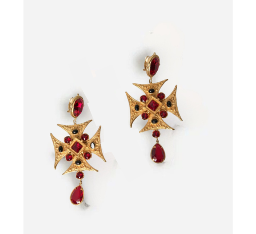Gold Brass Maltese Cross Crystal Clip Dangling Earrings