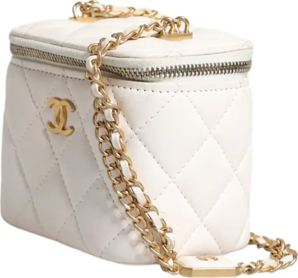 WHITE MATELASSE LAMBSKIN GOLD CHAIN SHOULDER VANITY MIRROR