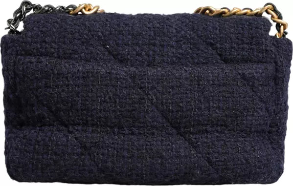 DARK BLUE MEDIUM FLAP TWEED CC GOLD GRAY CHAIN SHOULDER BAG