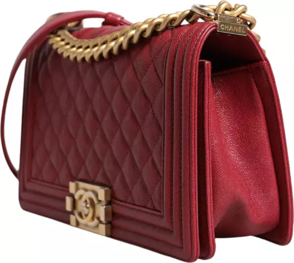 RED LEATHER LAMBSKIN DOUBLE GOLD CHAIN MEDIUM SHOULDER BAG