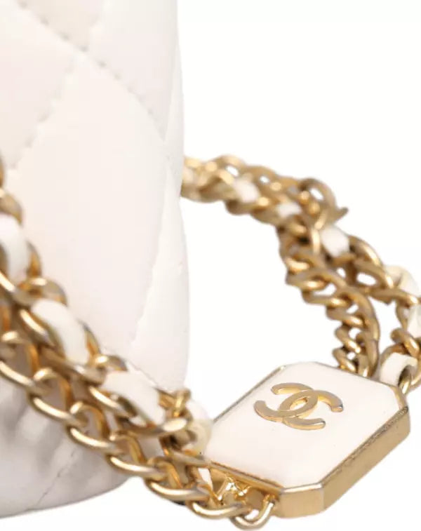 WHITE MATELASSE LAMBSKIN GOLD CHAIN SHOULDER VANITY MIRROR