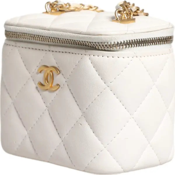 WHITE MATELASSE LAMBSKIN GOLD CHAIN SHOULDER VANITY MIRROR