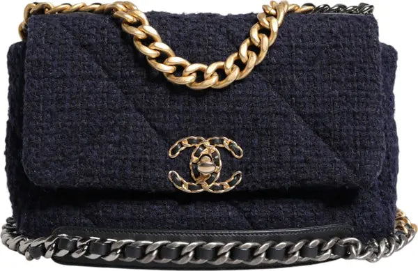DARK BLUE MEDIUM FLAP TWEED CC GOLD GRAY CHAIN SHOULDER BAG