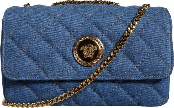 BLUE QUILTED DENIM LEATHER CROSSBODY SHOULDER BAG