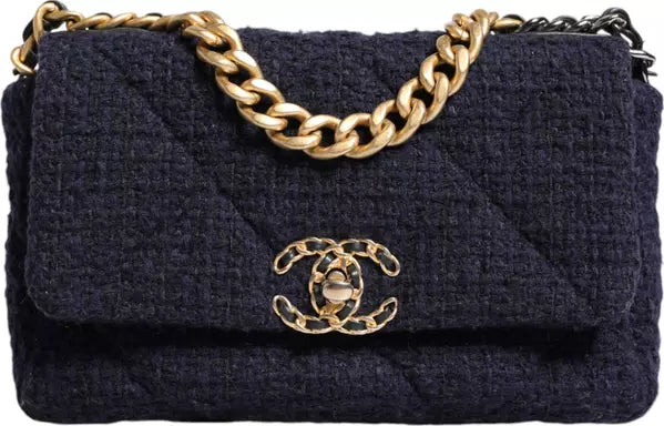 DARK BLUE MEDIUM FLAP TWEED CC GOLD GRAY CHAIN SHOULDER BAG