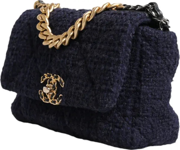 DARK BLUE MEDIUM FLAP TWEED CC GOLD GRAY CHAIN SHOULDER BAG