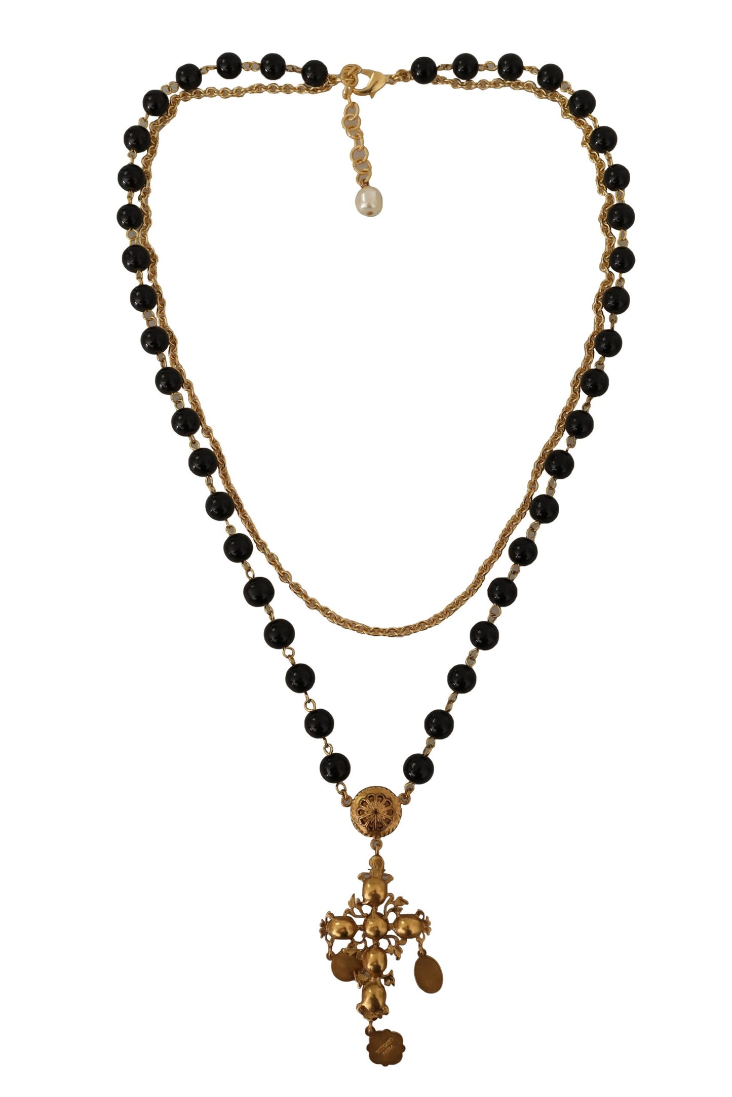 Gold Tone Brass Cross Chain Black Crystal Beaded Necklace