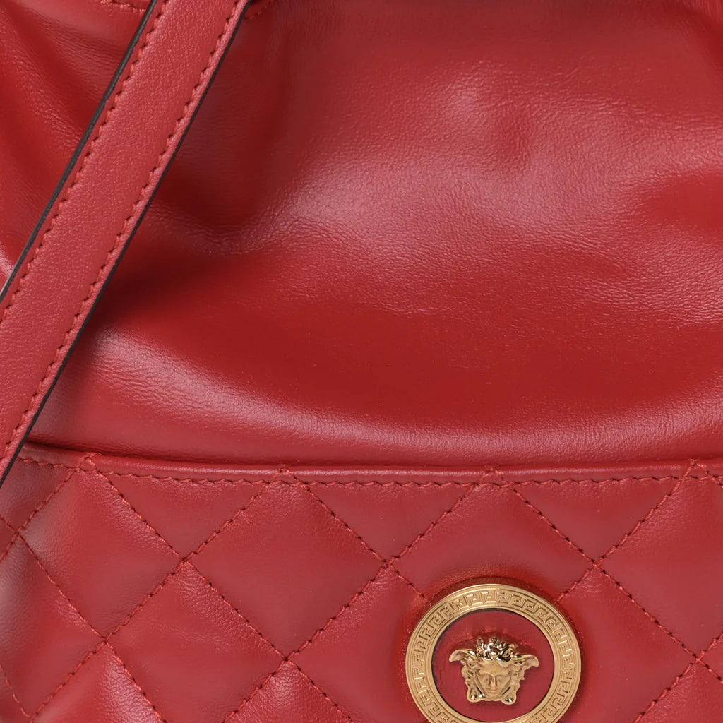 Red Quilted Leather Drawstring Shoulder Bag Bucket Crossbody Handbag