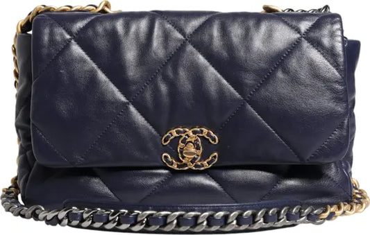 BLUE LEATHER LARGE QUILTED CHAIN HAND SHOULDER BAG
