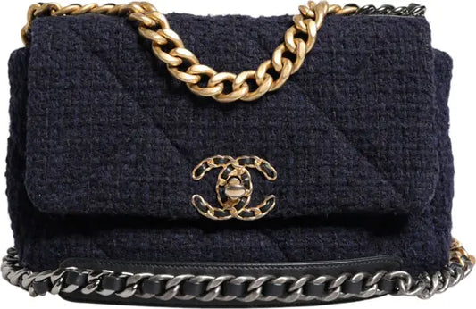 DARK BLUE MEDIUM FLAP TWEED CC GOLD GRAY CHAIN SHOULDER BAG