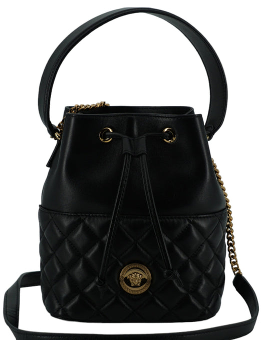 VERSACE
Elegant Black Leather Bucket Shoulder Bag